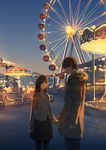  1girl amusement_park brown_eyes brown_hair coat couple dusk ferris_wheel hanno hetero highres holding_hands long_hair looking_at_another necktie original overcoat pantyhose school_uniform short_hair skirt sky 