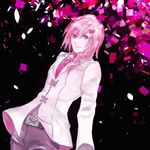  1girl alternate_color alternate_costume asymmetrical_hair dark_background female final_fantasy final_fantasy_xiii formal hikao_(plusxxx) lightning_farron lightning_returns:_final_fantasy_xiii looking_at_viewer pink_hair solo suit 