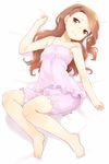  barefoot bloomers brown_eyes brown_hair camisole collarbone dated full_body hair_ornament idolmaster idolmaster_(classic) long_hair looking_at_viewer lying minase_iori nagian on_back pajamas shorts solo strap_slip underwear underwear_only 