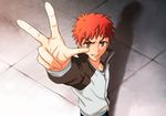  arm_up bandaged_arm bandages brown_eyes doyagao emiya_shirou fate/stay_night fate_(series) from_above looking_at_viewer male_focus orange_hair solo tk8d32 v 