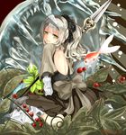  back_cutout earrings fish goldfish green_eyes ice jewelry long_hair looking_at_viewer narushima_kanna original polearm ponytail silver_hair sitting solo spear twitter_username underwater wariza weapon 