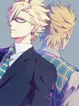  back-to-back bad_id bad_pixiv_id blonde_hair blue_eyes dramatical_murder earrings formal glasses jewelry male_focus mocchiri_oyaji multiple_boys necktie plaid plaid_neckwear plaid_vest spiked_hair suit trip_(dramatical_murder) vest virus_(dramatical_murder) 