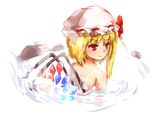  back bad_id bad_pixiv_id bathing blonde_hair check_commentary commentary_request cup fang flandre_scarlet hat hat_ribbon kotou_(ko-tou) mob_cap onsen red_eyes ribbon smile solo teacup touhou water wet wet_hair wings 