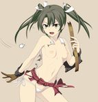  black_hair breasts caryo cursor flying_sweatdrops gloves hair_ribbon kantai_collection long_hair lowleg lowleg_panties motion_lines nanashino navel nipples open_mouth panties ribbon side-tie_panties small_breasts solo tears topless torn_clothes twintails underwear white_panties yellow_eyes zuikaku_(kantai_collection) 