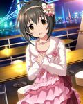  ahoge black_hair bridge brown_eyes hair_ornament hands_on_own_chest idolmaster idolmaster_cinderella_girls jewelry kohinata_miho looking_at_viewer necklace night open_mouth short_hair solo table water 
