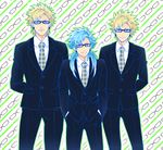  bespectacled blonde_hair blue_hair cosplay dramatical_murder earrings formal glasses hands_in_pockets height_difference ishi_shi jewelry male_focus multiple_boys necktie plaid plaid_neckwear seragaki_aoba smile spiked_hair suit trip_(dramatical_murder) virus_(dramatical_murder) virus_(dramatical_murder)_(cosplay) 