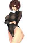  bad_id bad_pixiv_id breast_hold breasts brown_eyes brown_hair covered_nipples cowboy_shot hand_on_ass hyuuga_(kantai_collection) kantai_collection large_breasts leotard short_hair simple_background solo ulrich_(tagaragakuin) white_background 