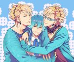  alternate_costume blonde_hair blue_eyes blue_hair dramatical_murder earrings glasses hair_ornament hairclip hug ishi_shi jewelry looking_at_viewer male_focus multiple_boys seragaki_aoba sweat trip_(dramatical_murder) virus_(dramatical_murder) 