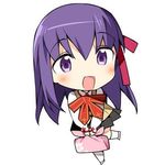  bow chibi fate/stay_night fate_(series) hair_ribbon hanabana_tsubomi homurahara_academy_uniform long_hair lowres lunchbox matou_sakura purple_eyes purple_hair ribbon school_uniform skirt smile solo vest white_background 