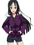  akiyama_mio bangs black_hair blue_eyes cowboy_shot hands_in_pockets jacket k-on! legs_apart long_hair looking_at_viewer md5_mismatch open_mouth parka short_shorts shorts signature simple_background smile straight_hair suna thighs white_background 