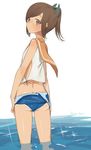  ass bad_id bad_twitter_id bare_shoulders blush brown_eyes brown_hair from_behind hayashi_kewi i-401_(kantai_collection) kantai_collection looking_at_viewer looking_back one-piece_swimsuit ponytail sailor_collar school_swimsuit school_uniform short_hair short_ponytail smile solo swimsuit swimsuit_pull tan twitter_username 