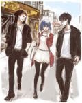  2boys alternate_costume bag black_hair black_legwear blue_eyes blue_hair casual ciel closed_eyes dress glasses hands_in_pockets hood hoodie inui_arihiko jacket jewelry multiple_boys necklace pantyhose red_hair short_hair smile tan tetsumaki toono_shiki tsukihime walking 