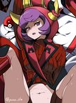  bad_id bad_pixiv_id boots clothes_lift fake_horns gloves hood hoodie horned_headwear kagari_(pokemon) looking_at_viewer lying matsubusa_(pokemon) midriff navel on_back on_bed open_mouth out-of-frame_censoring poke_ball pokemon pokemon_(game) pokemon_oras poster_(object) pov purple_eyes purple_hair ribbed_sweater short_hair shorts solo spread_legs sweat sweater sweater_lift team_magma twitter_username uniform yuna_(rutera) 
