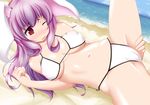  ;o animal_ears beach bikini blush breasts bunny_ears covered_nipples dated day embarrassed lavender_hair leg_up long_hair medium_breasts nature navel ocean one_eye_closed open_mouth outdoors red_eyes reisen_udongein_inaba sand sei0108 solo spread_legs swimsuit touhou underboob water wince 