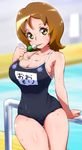  breasts brown_hair cleavage dango eating food happinesscharge_precure! highres large_breasts one-piece_swimsuit oomori_yuuko precure ryuuta_(cure_ryuuta) sanshoku_dango school_swimsuit short_hair skewer smile solo swimsuit wagashi yellow_eyes 