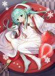  :d aqua_eyes aqua_hair food fruit hair_ornament hatsune_miku hayama_eishi hood japanese_clothes kimono long_hair lying minigirl on_side open_mouth revision smile snow_bunny snowflakes socks solo strawberry tabi uchikake vocaloid yuki_miku 