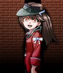  brick_wall brown_eyes brown_hair horror_(theme) japanese_clothes kantai_collection kariginu long_hair looking_at_viewer magatama open_mouth parody ryuujou_(kantai_collection) solo sukima_onna the_enigma_of_amigara_fault tk8d32 twintails visor_cap wall 