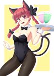  animal_ears bare_arms bare_shoulders black_legwear braid breasts cat_ears cat_tail cleavage cocktail collar fangs hair_bobbles hair_ornament isaki_(gomi) kaenbyou_rin kittysuit leotard looking_at_viewer medium_breasts multiple_tails nekomata open_mouth pantyhose red_eyes red_hair smile solo strapless tail touhou tray twin_braids wrist_cuffs 