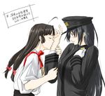  blush female_admiral_(kantai_collection) japanese_clothes kantai_collection kiss long_hair multiple_girls niwatazumi shouhou_(kantai_collection) tatebayashi_sakurako translated yuri 