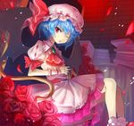  ascot bat_wings blue_hair flower hands_clasped hat hayama_eishi interlocked_fingers looking_at_viewer mob_cap own_hands_together petals red_eyes remilia_scarlet rose short_hair sitting solo touhou wings wrist_cuffs 