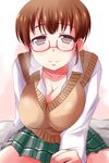  breasts cleavage collarbone commentary_request downblouse glasses highres large_breasts long_sleeves looking_at_viewer nishi_koutarou original red-framed_eyewear school_uniform shirt skirt smile solo sweat uniform vest 