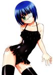  1girl absurdres black_legwear blue_hair breasts covered_navel eyepatch female green_eyes head_tilt highres ikkitousen looking_at_viewer ryomou_shimei short_hair simple_background solo thighhighs white_background 