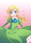  :d ascot blonde_hair blue_eyes dress gradient gradient_background green_dress ib kashiwadokoro long_hair looking_at_viewer mary_(ib) open_mouth simple_background smile solo 