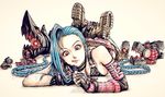 1girl blue_hair boots braid gloves hairline jinx_(league_of_legends) league_of_legends long_hair pink_eyes twin_braids weapon 