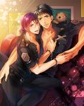  black_hair cuffs free! future_fish handcuffs jewelry male_focus matsuoka_rin multiple_boys open_mouth otter police police_uniform red_eyes red_hair ring sakura_hitsuji sharp_teeth smile teeth tongue tongue_out uniform yamazaki_sousuke yaoi 