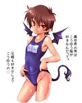  breasts brown_hair cameltoe demon_girl demon_tail demon_wings funnyari lilie_(keiyaku_no_monogatari) looking_at_viewer one-piece_swimsuit original pointy_ears red_eyes school_swimsuit short_hair small_breasts solo swimsuit tail wet wings 