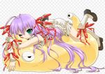  ;) ahoge al_azif demonbane frills green_eyes hair_ribbon hug long_hair lying nitroplus on_stomach one_eye_closed purple_hair ribbon sattan shoggoth skirt smile very_long_hair 