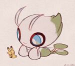  blue_eyes bright_pupils celebi closed_mouth commentary_request dated head_rest leels looking_down lying no_humans on_stomach pikachu pokemon pokemon_(creature) smile white_pupils 