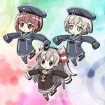  amatsukaze_(kantai_collection) blue_eyes brown_eyes brown_hair chibi choker clothes_writing dress hair_tubes hairband hat kantai_collection long_hair mikakunin_de_shinkoukei multiple_girls outstretched_arms sailor_dress sailor_hat short_hair silver_eyes silver_hair sleeves_past_wrists spread_arms tk8d32 two_side_up z1_leberecht_maass_(kantai_collection) z3_max_schultz_(kantai_collection) 