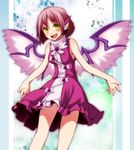  adapted_costume animal_ears bad_id bad_pixiv_id bare_arms bare_shoulders bird_wings dress ear_piercing fang highres mystia_lorelei no_hat no_headwear open_mouth piercing pink_dress pink_hair s-syogo sleeveless sleeveless_dress slit_pupils smile solo touhou wings yellow_eyes 