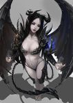  armor bad_id bad_pixiv_id bikini bikini_armor black_eyes black_hair blue_fire breasts collarbone demon_girl demon_horns demon_tail demon_wings eyebrows fingernails fire full_body grey_background highleg highres horns large_breasts lips long_fingernails long_hair looking_at_viewer navel original outstretched_arms pointy_ears shadow simple_background solo standing swimsuit tail thong_bikini wings z.h.y 