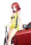  alternate_costume arm_support bare_shoulders breasts car checkered cleavage closed_umbrella ground_vehicle leaning looking_at_viewer love_live! love_live!_school_idol_project mazda medium_breasts midriff motor_vehicle nishikino_maki on_vehicle planted_umbrella purple_eyes qiuzhi_huiyi race_queen red_hair short_hair solo umbrella underboob 