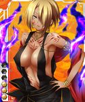  armlet armpits artist_request bangs bare_shoulders blonde_hair blue_rabbit bracelet breasts card_(medium) center_opening chains cleavage cowboy_shot dark_skin dress earrings erect_nipples facial_mark facial_tattoo fingernails formal gara_ayuri gradient gradient_background hair_over_one_eye hand_on_hip jewelry large_breasts lilith-soft lipstick long_fingernails makeup neck_ring no_bra official_art open_mouth pendant red_eyes ring shawl sideboob solo standing taimanin_asagi taimanin_asagi_battle_arena tanned tattoo 