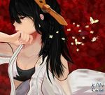  bad_id bad_pixiv_id black_hair bug butterfly flower haruna_(kantai_collection) headgear insect kantai_collection long_hair more3604 nontraditional_miko red_eyes torn_clothes 