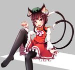  animal_ears bad_id bad_pixiv_id black_legwear bow brown_eyes brown_hair cat_ears cat_tail chen dress ear_piercing fang hat highres jewelry leg_up long_sleeves mob_cap multiple_tails nanahi_toshi nekomata open_mouth pantyhose paw_pose piercing red_dress shirt single_earring sitting smile solo tail touhou 