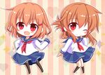  :d ;) brown_hair chibi folded_ponytail hair_ornament hairclip ikazuchi_(kantai_collection) inazuma_(kantai_collection) kantai_collection kashiwadokoro looking_at_viewer multiple_girls one_eye_closed open_mouth pleated_skirt red_eyes school_uniform serafuku short_hair skirt smile 