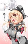  akizora_momiji anchor_hair_ornament blonde_hair blush failure food food_on_face gloves hair_ornament hat highres iron_cross ishikei_(style) kantai_collection long_hair long_sleeves looking_up military military_uniform open_mouth peaked_cap prinz_eugen_(kantai_collection) pudding sexually_suggestive skirt smile solo_focus tongue tongue_out translation_request twintails uniform white_gloves 