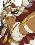  armlet belt beltbra blonde_hair breasts brown_eyes cape capelet crotch_seam dark_skin downscaled from_below guilty_gear guilty_gear_xrd ippo jpeg_artifacts large_breasts looking_at_viewer looking_down md5_mismatch monster ramlethal_valentine resized serious short_shorts shorts solo spread_legs teeth underboob white_background 