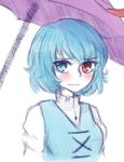  blue_eyes blue_hair blush faux_traditional_media heterochromia karakasa_obake long_sleeves puffy_long_sleeves puffy_sleeves red_eyes sad short_hair sketch solo tatara_kogasa tears tongue touhou umbrella upper_body wavy_hair wavy_mouth xkaishaku 