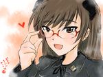  :d animal_ears bespectacled black_ribbon blush brown_eyes brown_hair dog_ears glasses hand_on_eyewear heart jacket johanna_wiese long_hair long_sleeves military military_uniform mishiro_shinza open_mouth red-framed_eyewear ribbon smile solo uniform world_witches_series 