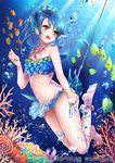  air_bubble anklet annoyed bare_shoulders barefoot bikini blue_eyes blue_hair brown_eyes bubble clownfish coral fishing_hook fishing_line head_fins interitio jewelry light_rays long_hair navel necklace sitting solo sunbeam sunlight swimsuit tenka_touitsu_chronicle underwater 