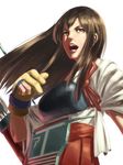  akagi_(kantai_collection) arrow brown_eyes brown_hair gloves hakama_skirt highres japanese_clothes kantai_collection lips long_hair looking_at_viewer michitarou muneate nose open_mouth partly_fingerless_gloves quiver realistic simple_background solo tasuki upper_body white_background yugake 