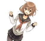  :d black_legwear black_skirt blouse brown_eyes brown_hair chibirisu clenched_hands dutch_angle fang flying_sweatdrops hair_ornament hairclip ikazuchi_(kantai_collection) kantai_collection long_sleeves looking_at_viewer neckerchief open_mouth pantyhose pleated_skirt sailor_collar school_uniform serafuku short_hair simple_background skirt smile solo white_background 