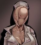  bra_strap breasts bubble_head_nurse cleavage collarbone faceless faceless_female grey_skin hat large_breasts monster_girl nurse nurse_cap short_hair silent_hill_2 solo ueno_petarou 