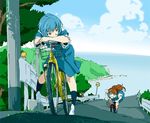  ayanami_rei bicycle bicycle_basket black_legwear blue_eyes blue_hair blue_skirt clenched_teeth cloud crossed_arms day ground_vehicle guard_rail head_rest hill horizon leaning_forward long_hair looking_away multiple_girls neon_genesis_evangelion ocean orange_hair outdoors pole red_eyes riding road road_sign school_uniform short_hair short_sleeves sign skirt sky socks souryuu_asuka_langley street teeth tree umanosuke 