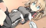  absurdres anchor_hair_ornament aqua_eyes black_legwear blonde_hair blush breasts commentary_request german gloves hair_ornament highres iron_cross kantai_collection large_breasts long_hair long_sleeves looking_at_viewer lying military military_uniform on_back open_mouth pov prinz_eugen_(kantai_collection) ryuki_(ryukisukune) skirt solo_focus spoon thighhighs translated twintails uniform white_gloves 